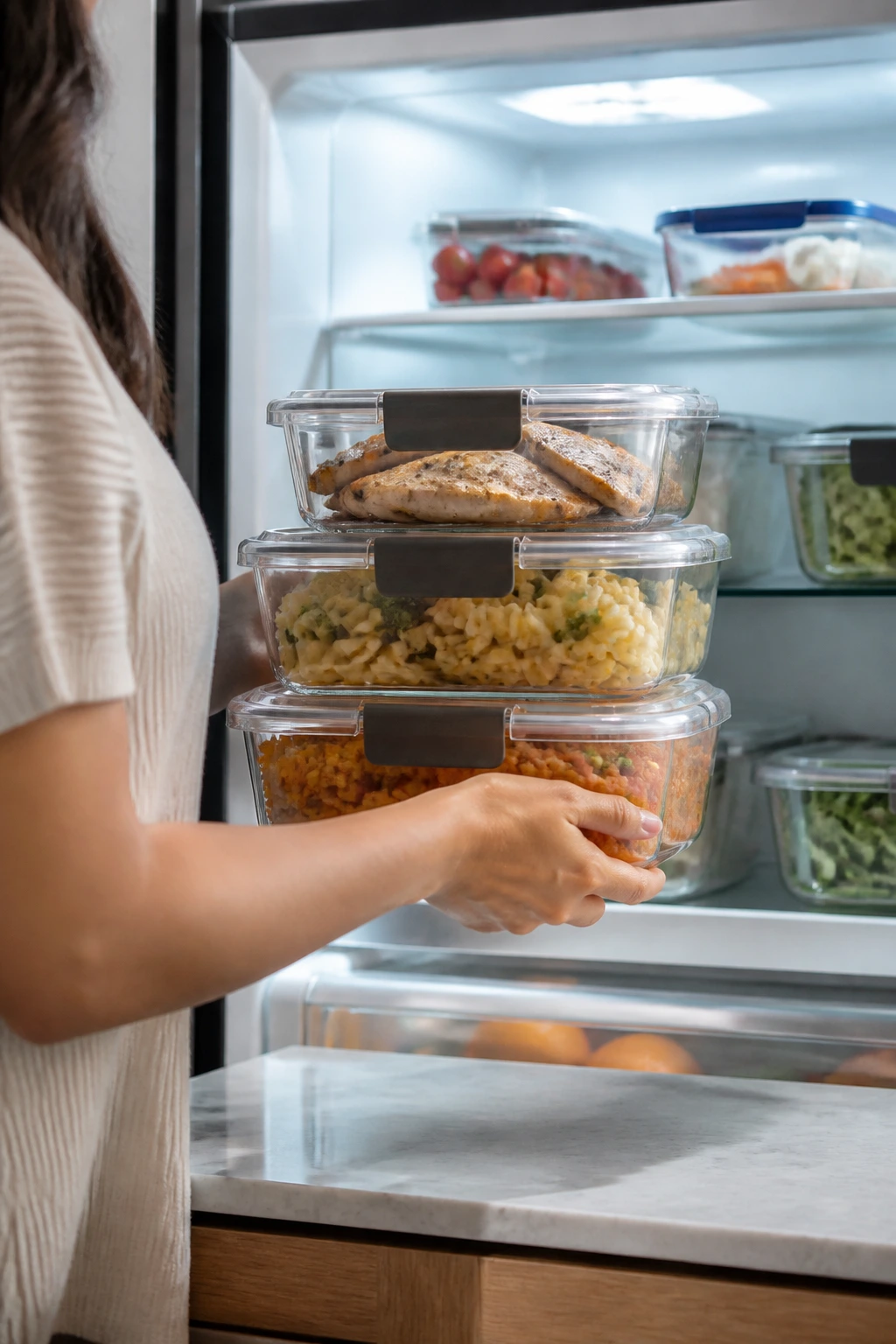 Containers with prepared meals placed into a refrigerator