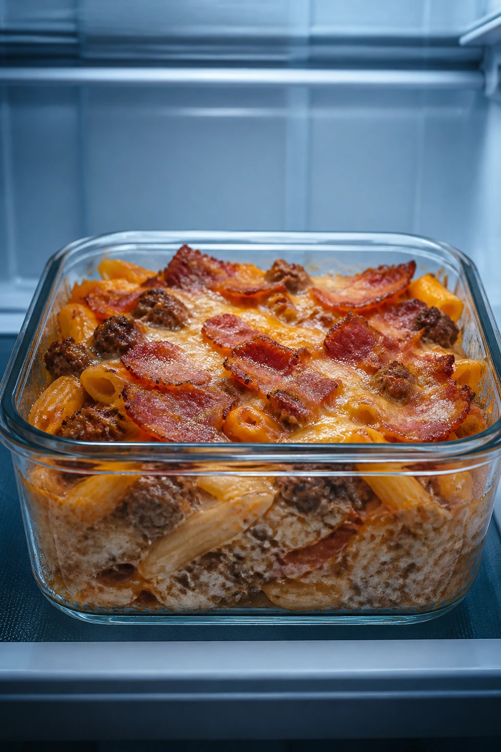 Glass storage container with pasta bake in fridge