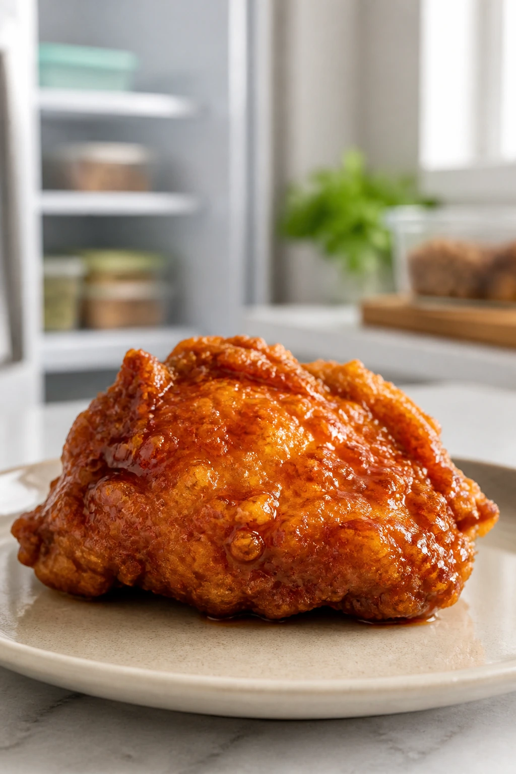 Close-up of a crispy honey chicken piece on a plate illustrating storage and reheating concepts