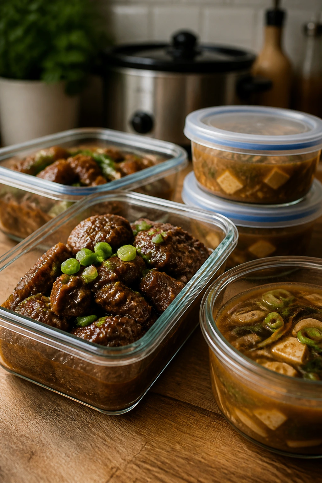 Glass storage containers with braised meat and broth on kitchen counter