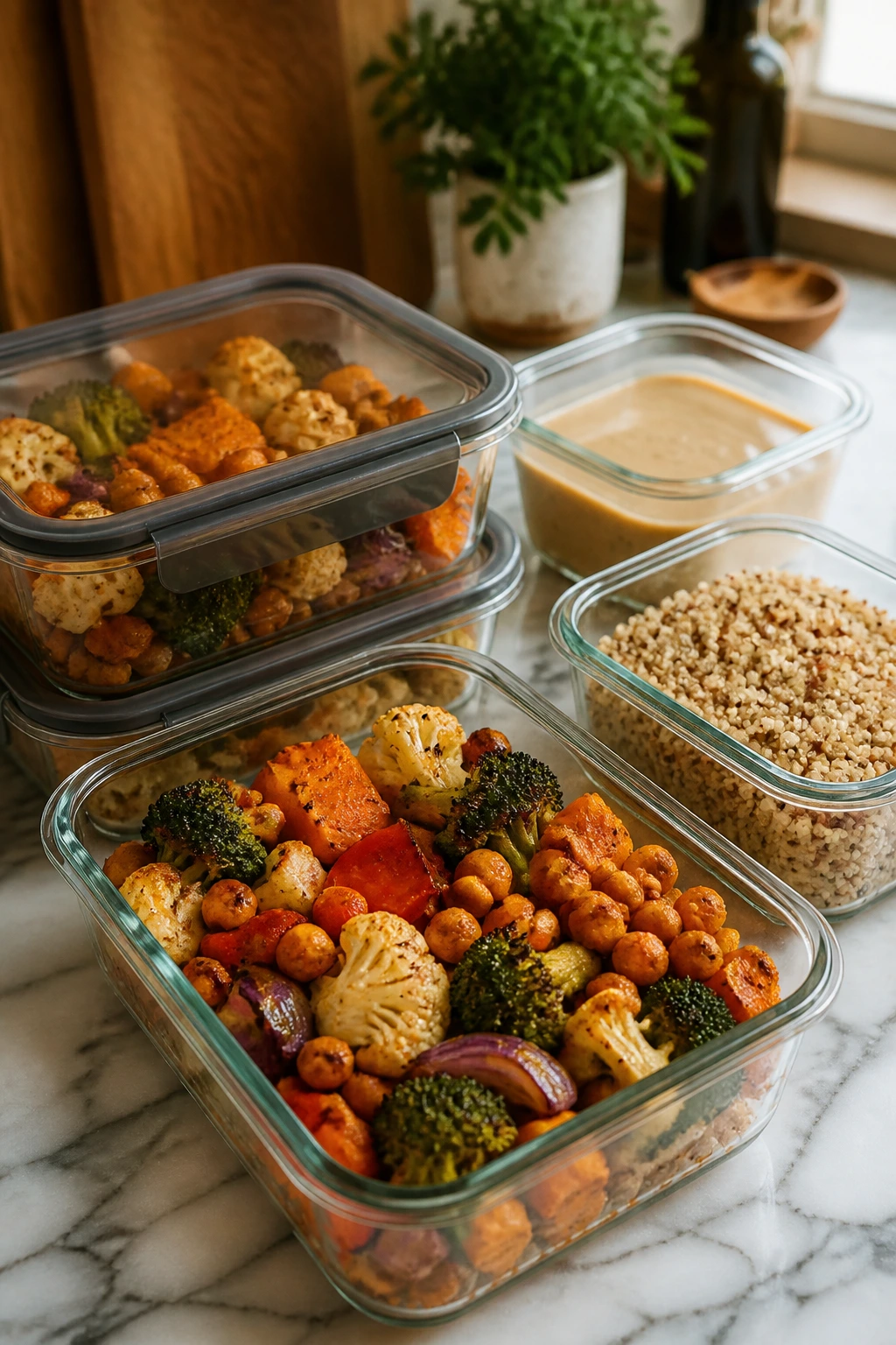 Airtight storage containers with roasted vegetables, chickpeas, and quinoa in a kitchen