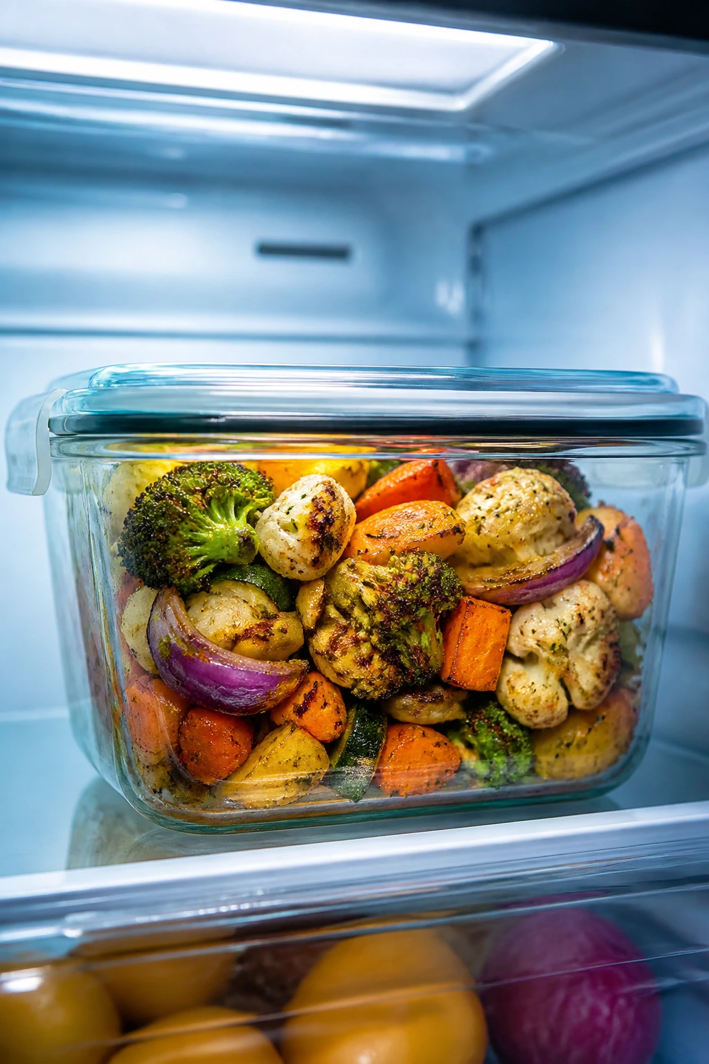 Glass storage container with roasted vegetables in fridge
