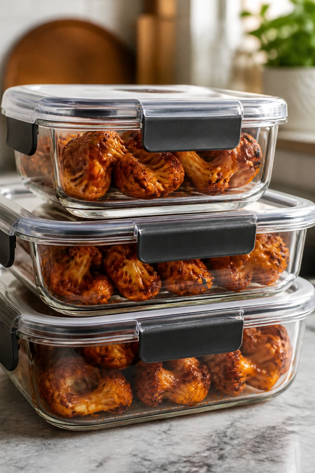 Glass storage containers with roasted cauliflower wings stored on a kitchen counter