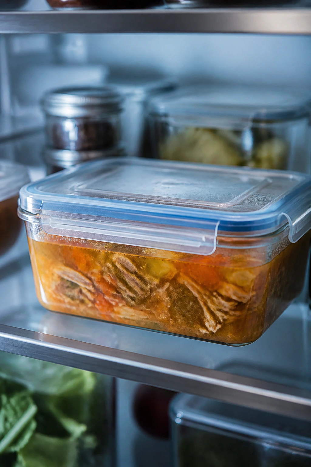 Airtight container of soup ready for make-ahead storage in fridge