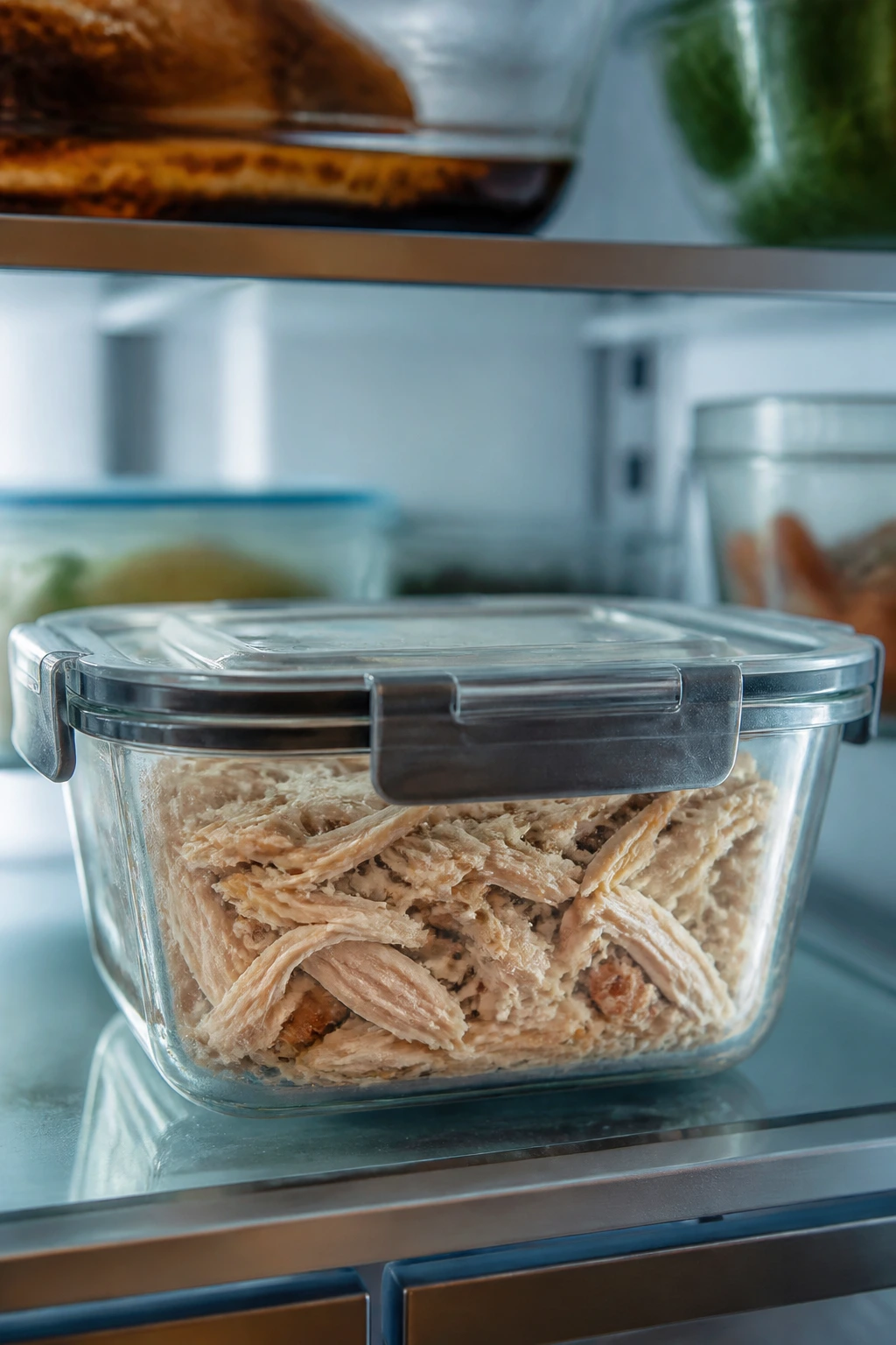 Airtight container with shredded chicken in fridge