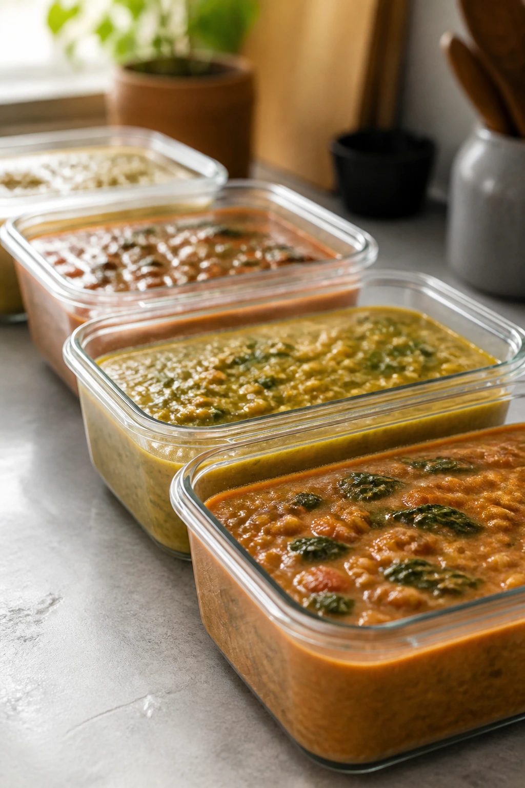Glass storage containers on a kitchen counter