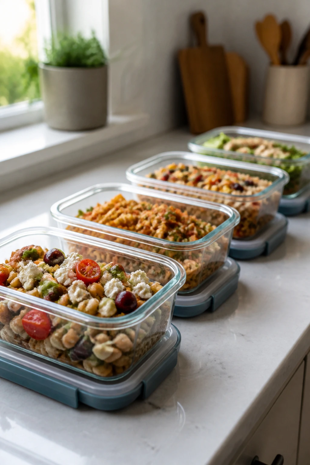 A row of airtight storage containers on a countertop