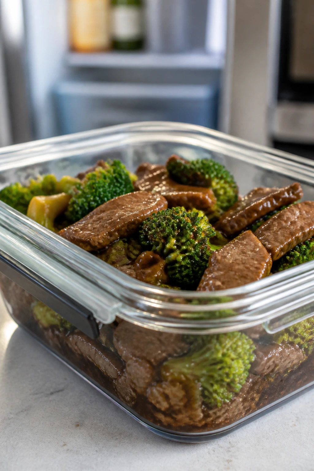 Airtight container with beef and broccoli ready for storage