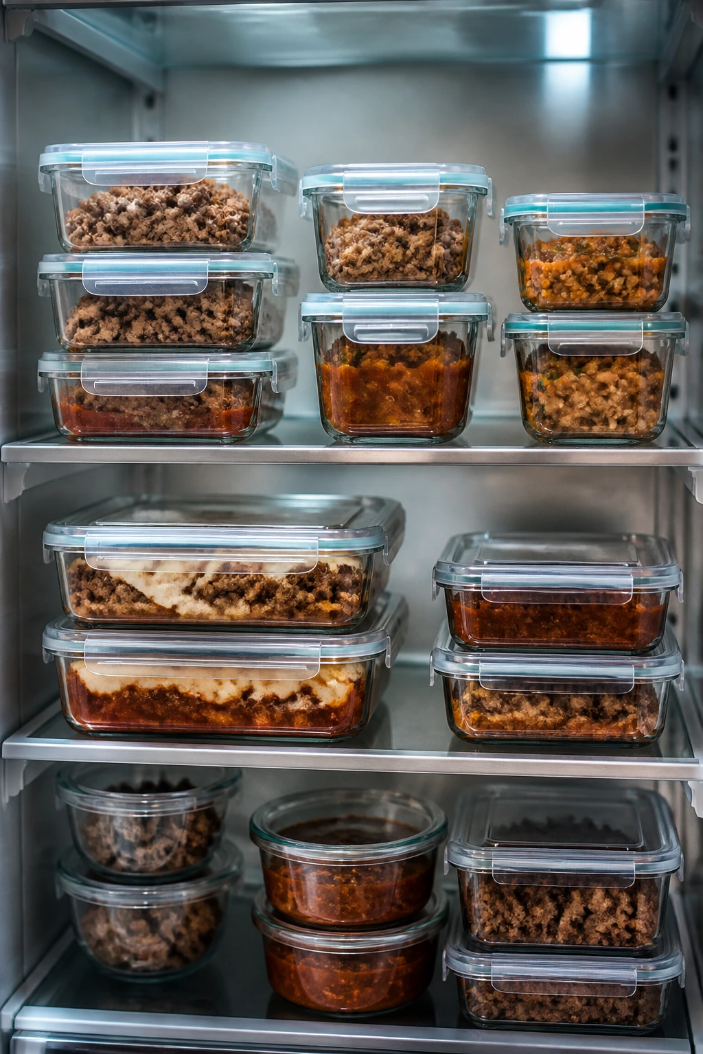 Fridge with glass containers of cooked beef for make-ahead meals.