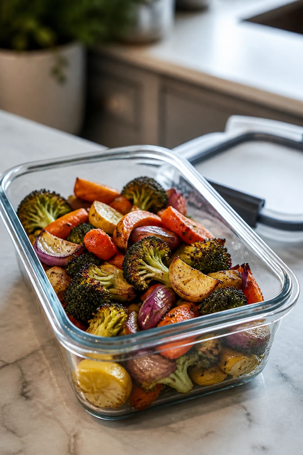 Airtight container of crispy roasted vegetables ready for storage
