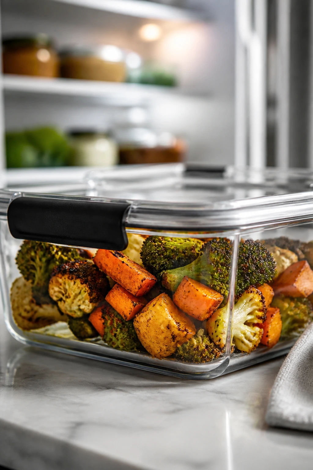 Crispy leftovers stored in a shallow container on a kitchen counter