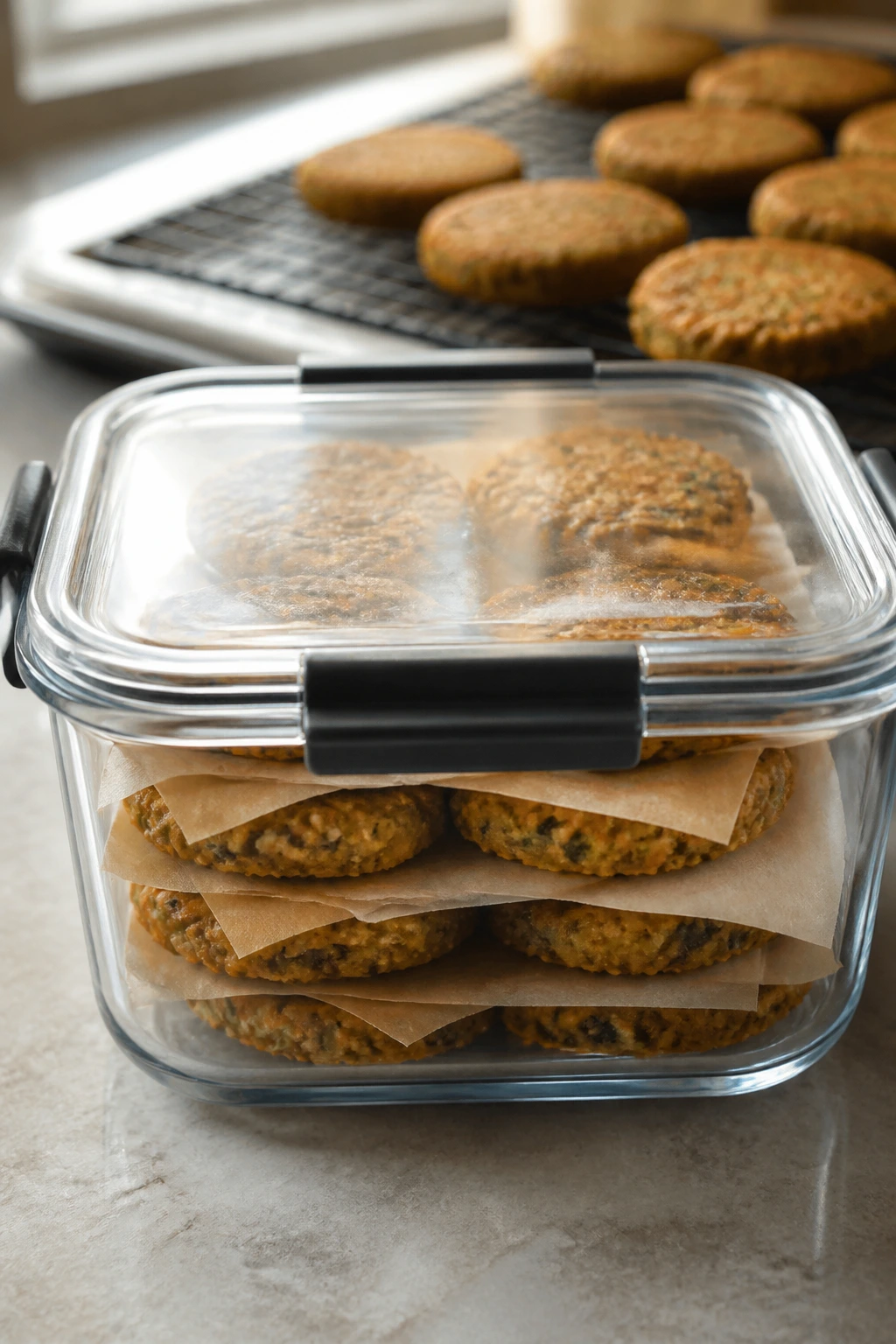Airtight container of veggie nuggets stored for make-ahead use