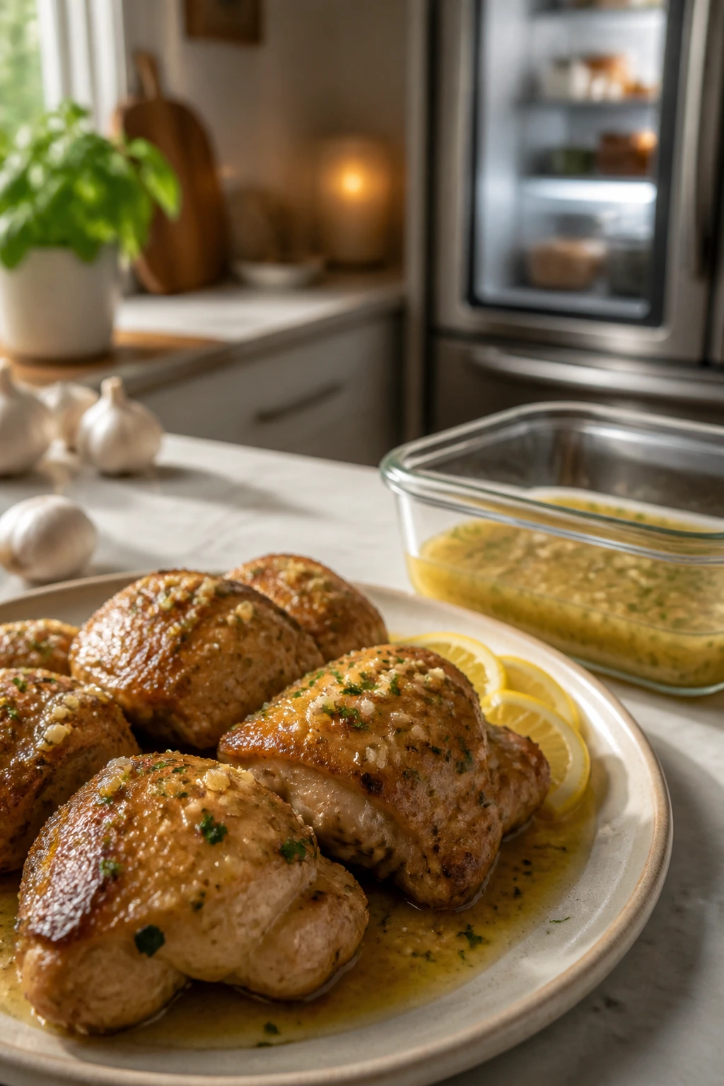 Plate of lemon garlic chicken thighs with sauce beside a glass storage container in a kitchen