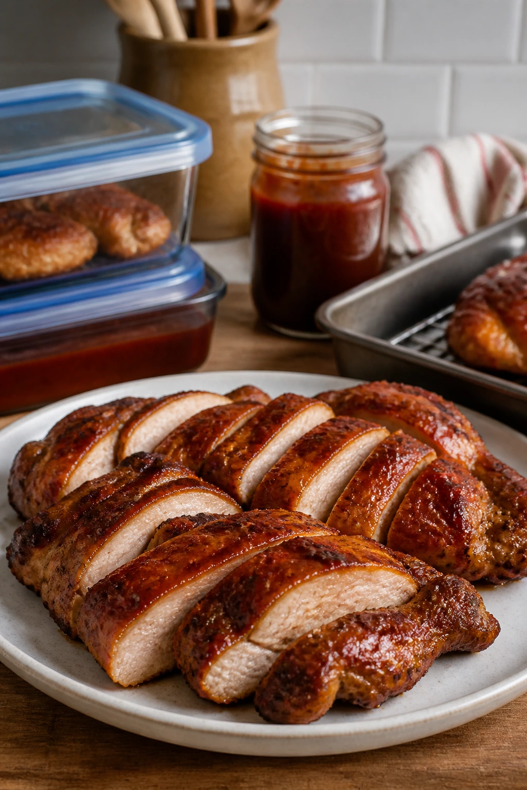 Sliced grilled honey BBQ chicken thighs with glaze on plate
