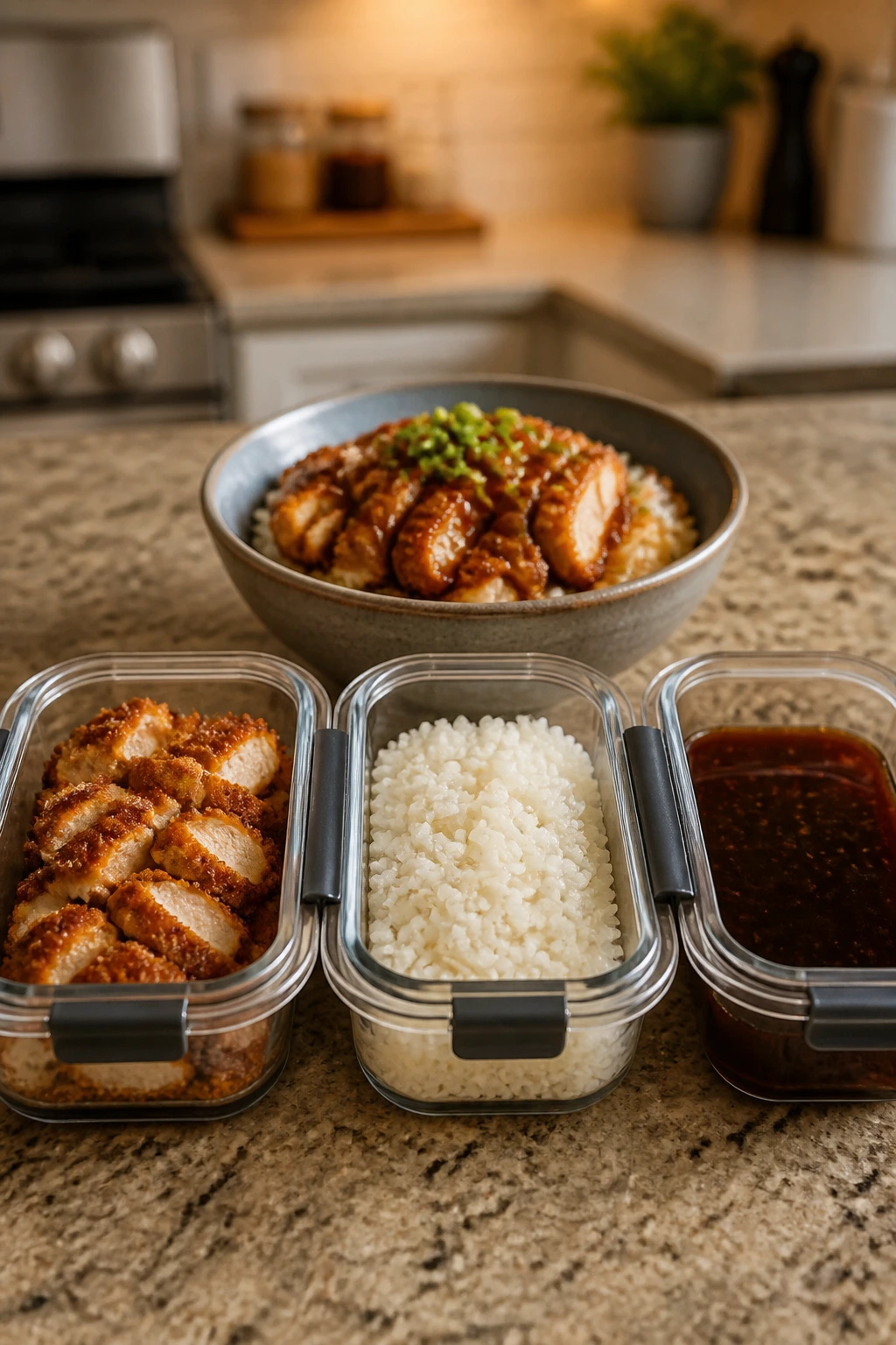Containers with chicken, rice, and sauce for storage and reheating in a kitchen