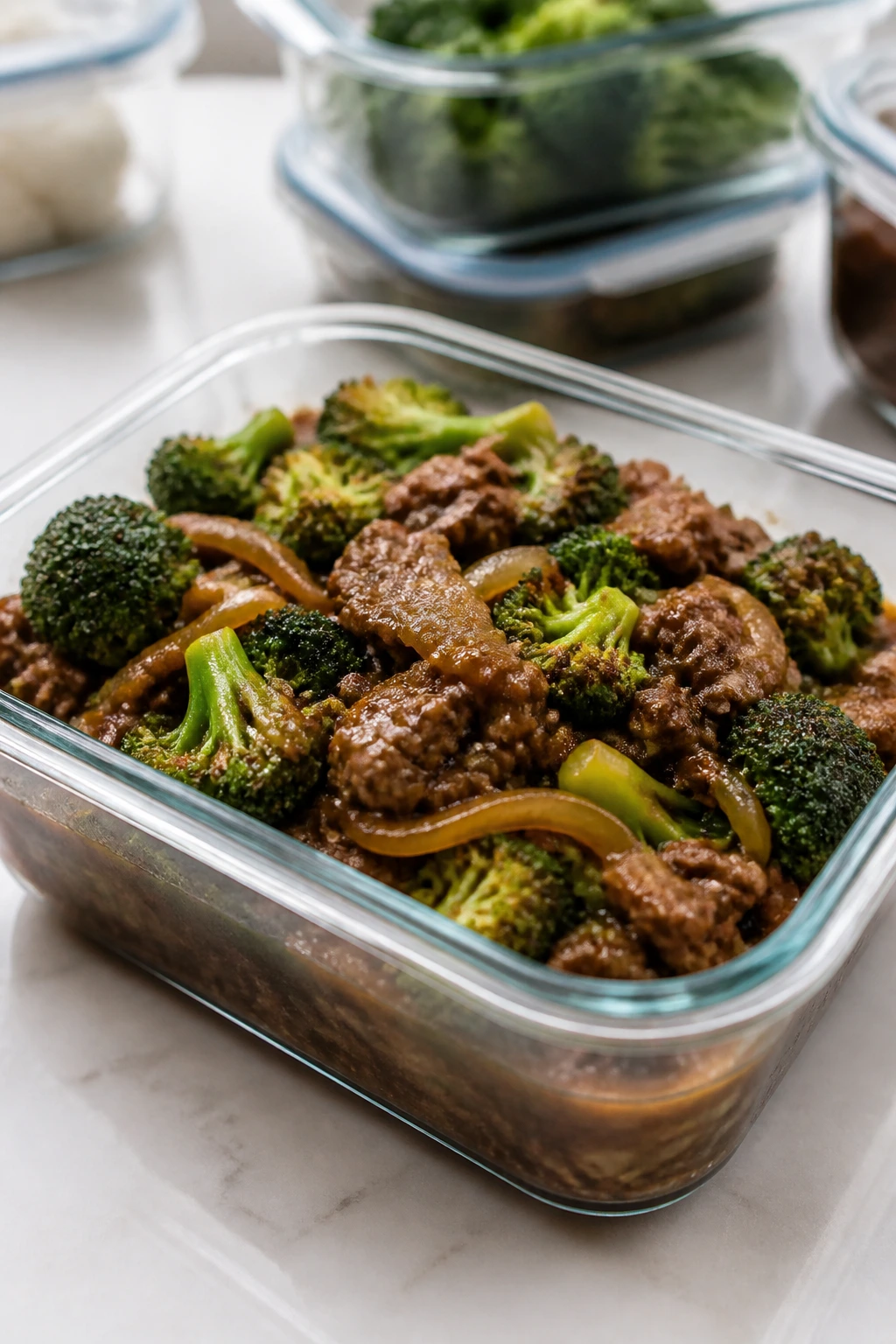 Glass storage container with beef and broccoli ready to refrigerate, kitchen counter