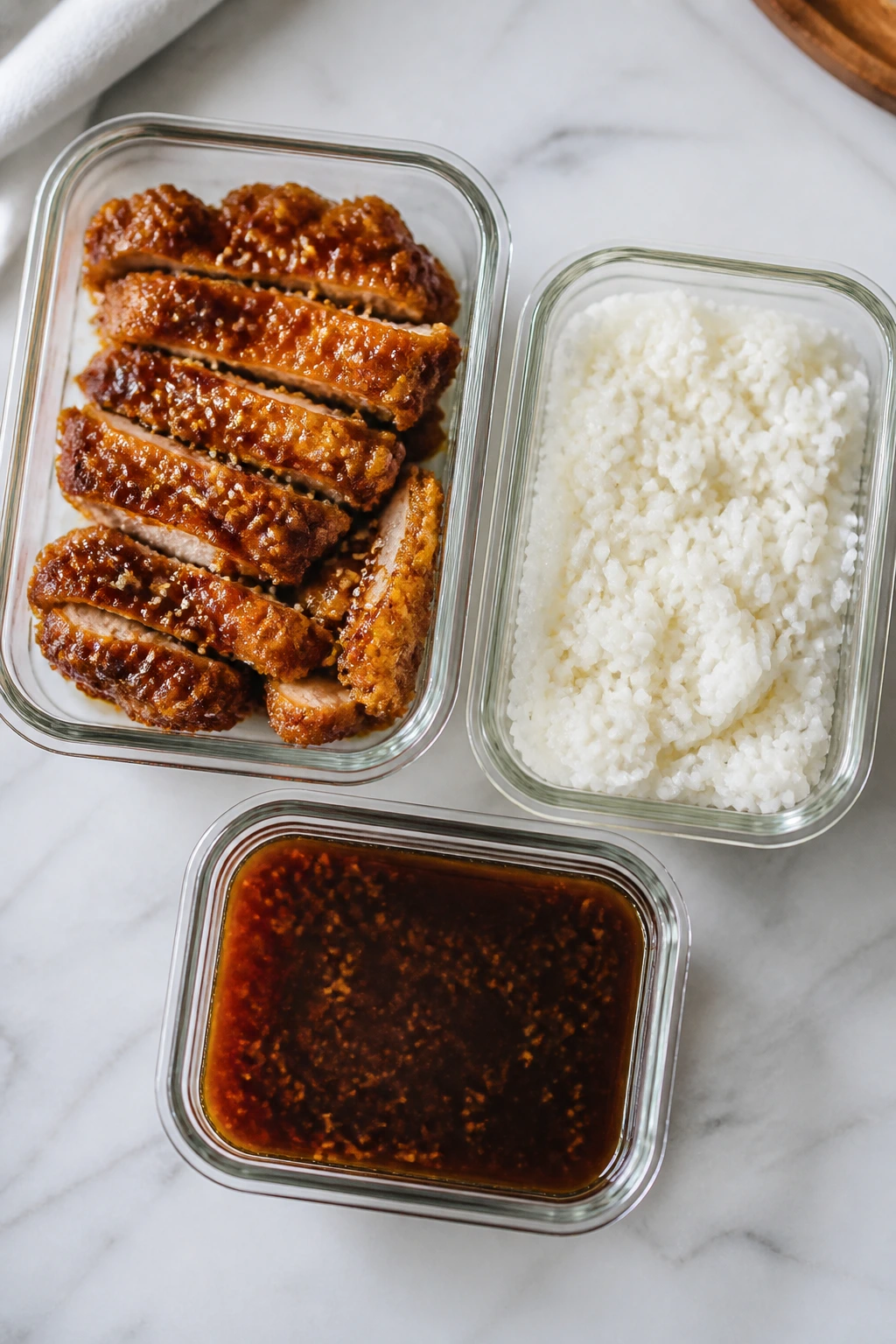 Glass containers with chicken, rice, and sauce for storage