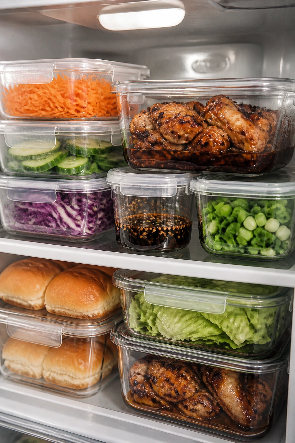 Airtight containers in the fridge with chicken filling and toppings