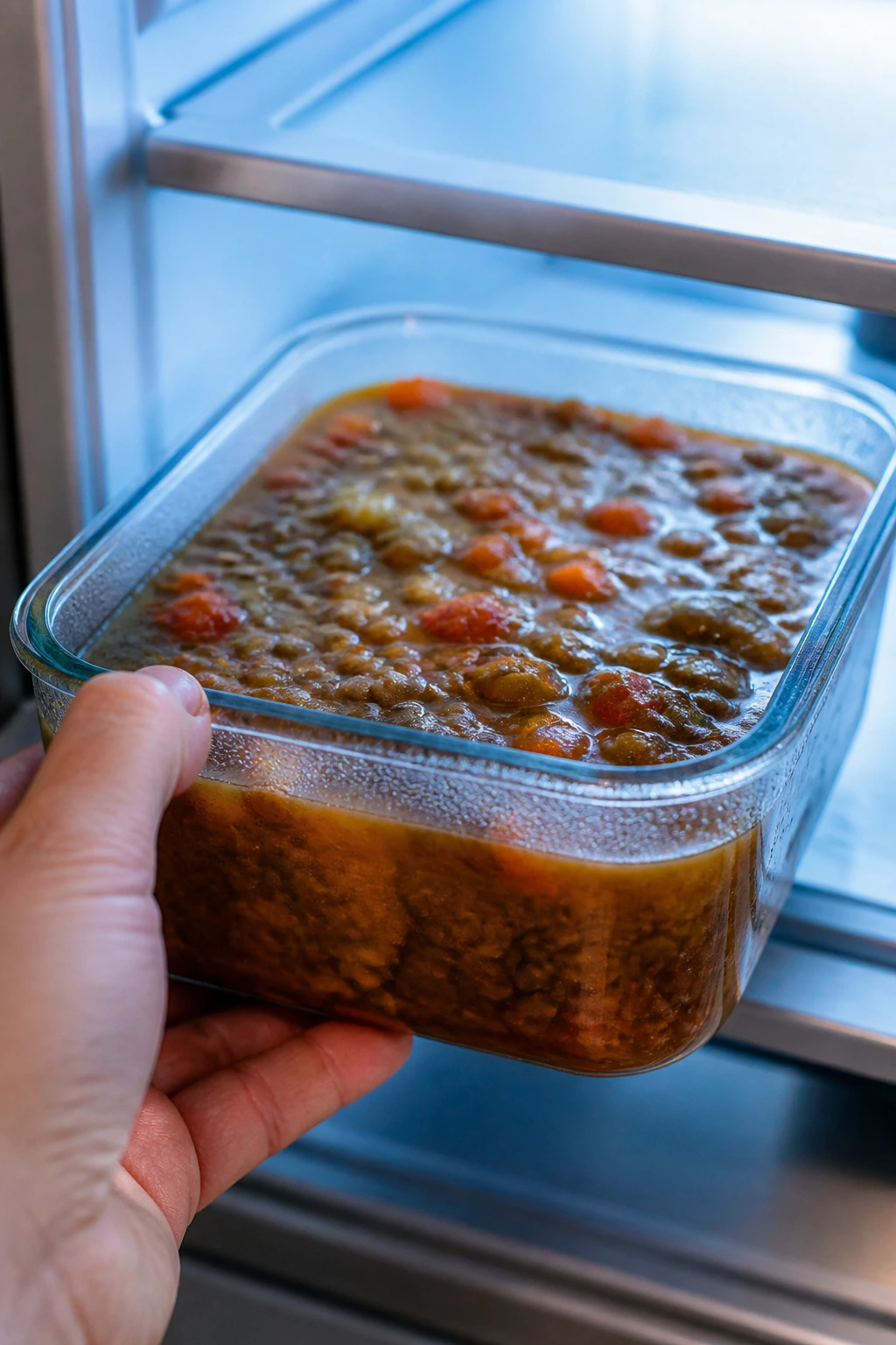 Glass container of lentil soup being placed in the fridge.