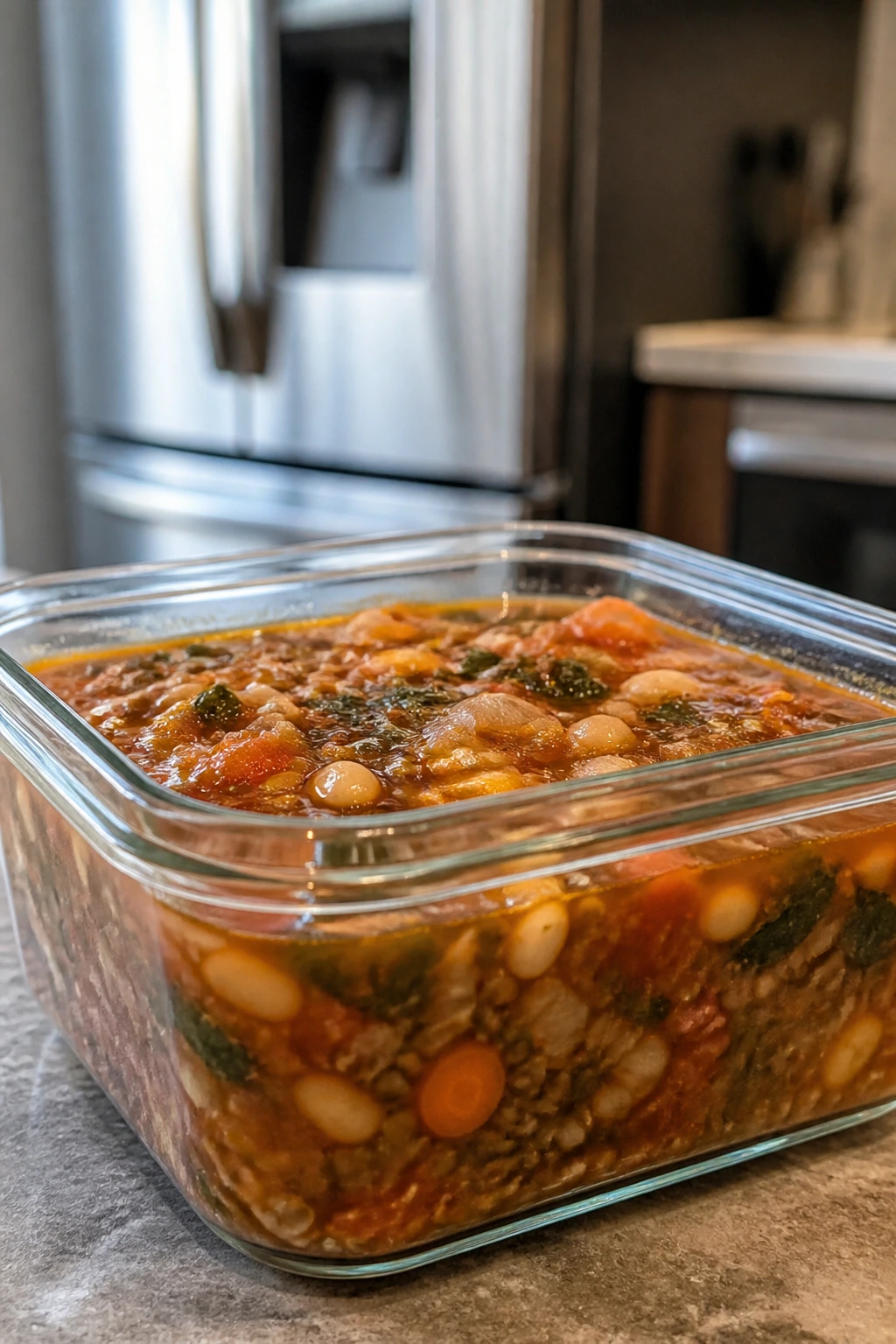 Glass storage container filled with soup illustrating make-ahead storage