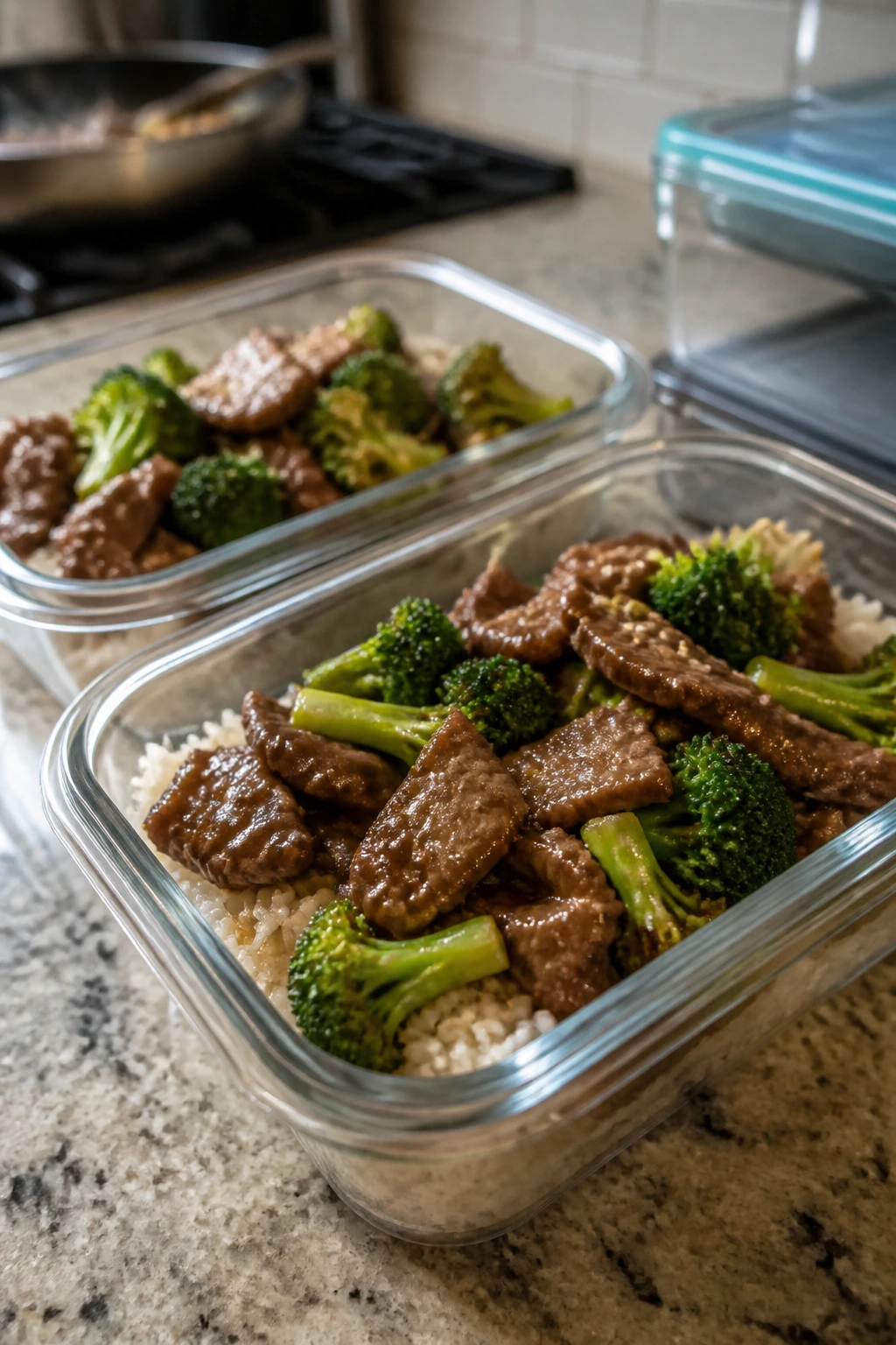Two clear meal-prep containers with beef and broccoli and rice in a kitchen setting