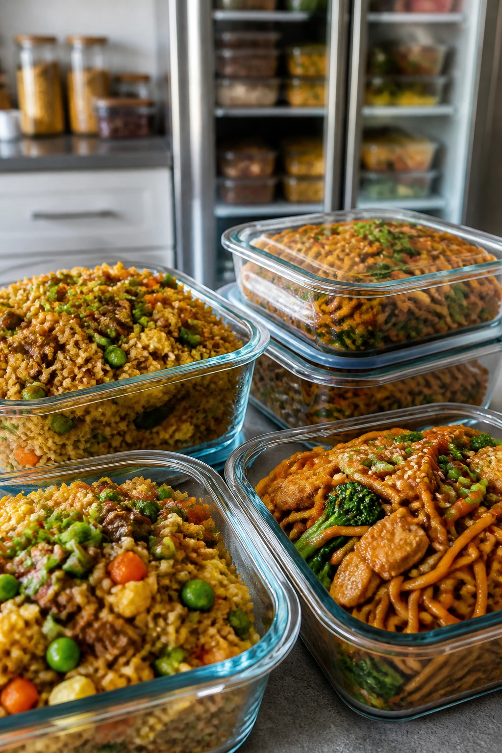Glass meal-prep containers with rice and noodles on a kitchen counter, fridge in background