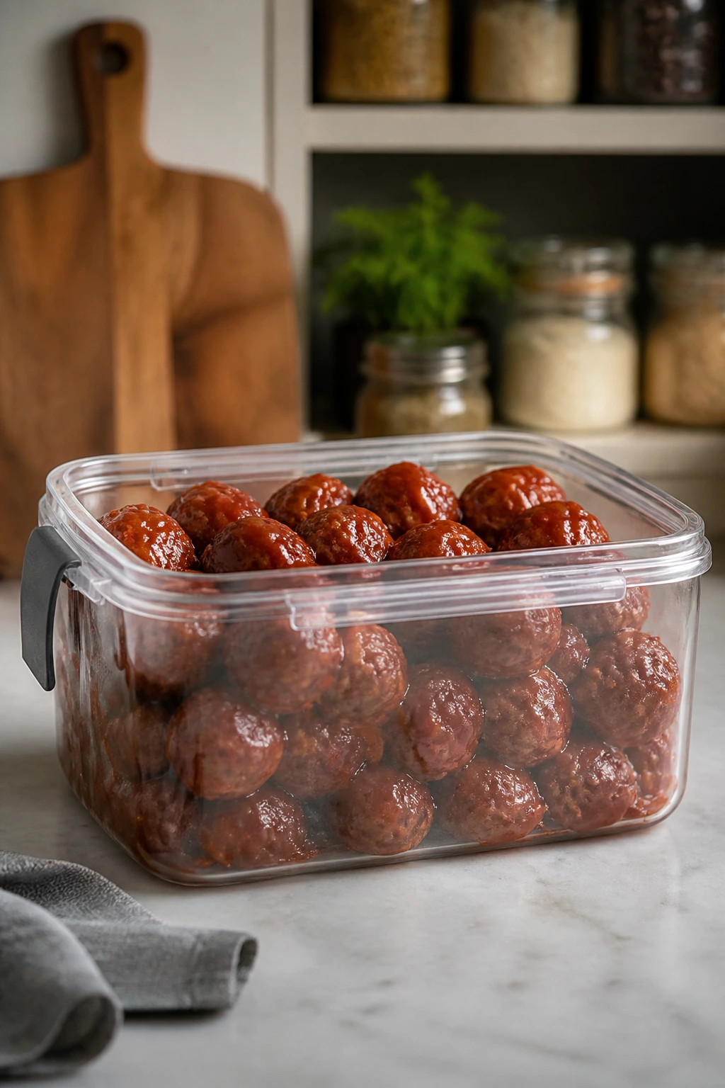Airtight container of cooked BBQ meatballs with glaze
