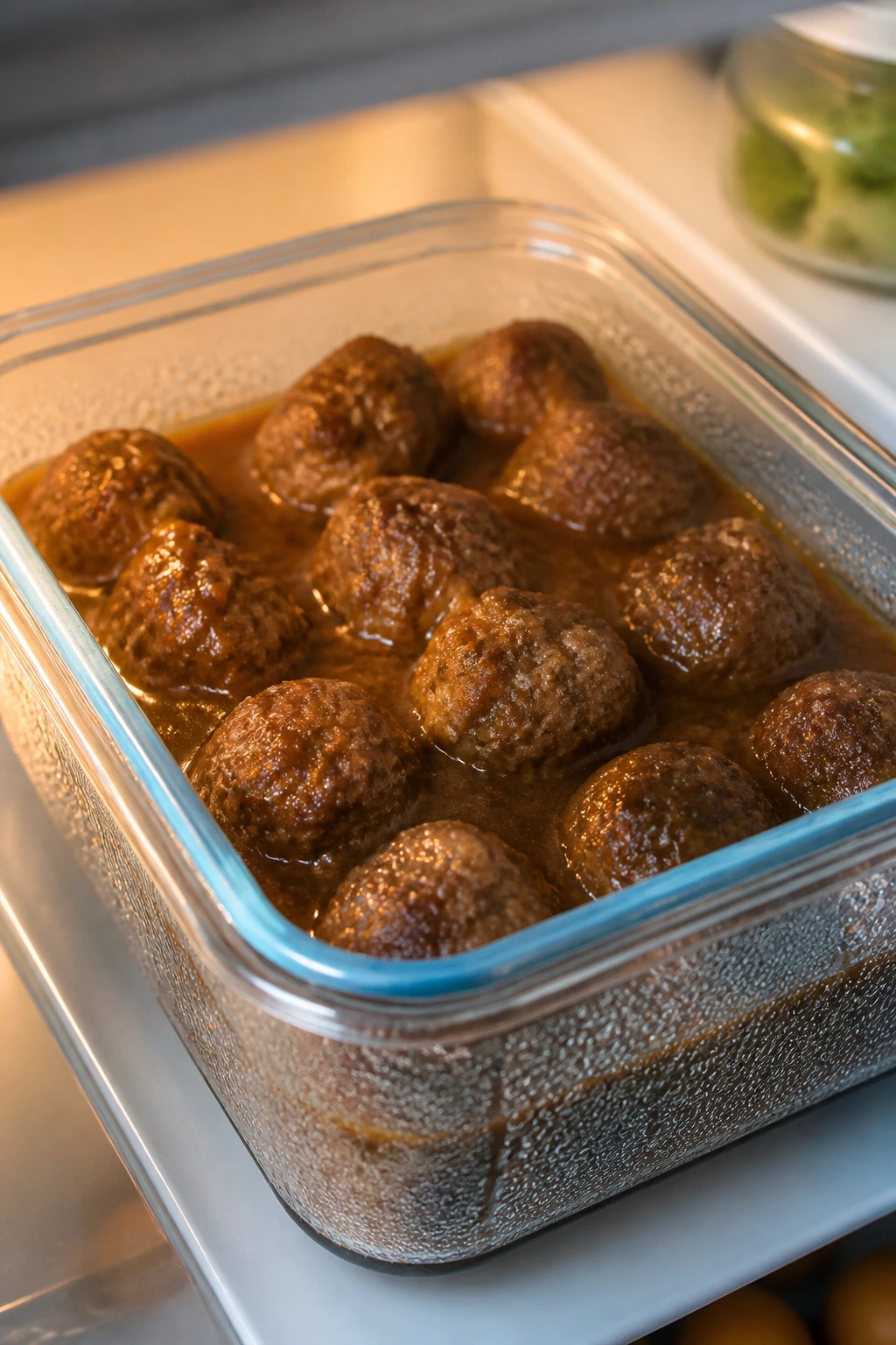 Glass storage container with saucy meatballs for make-ahead and storage.