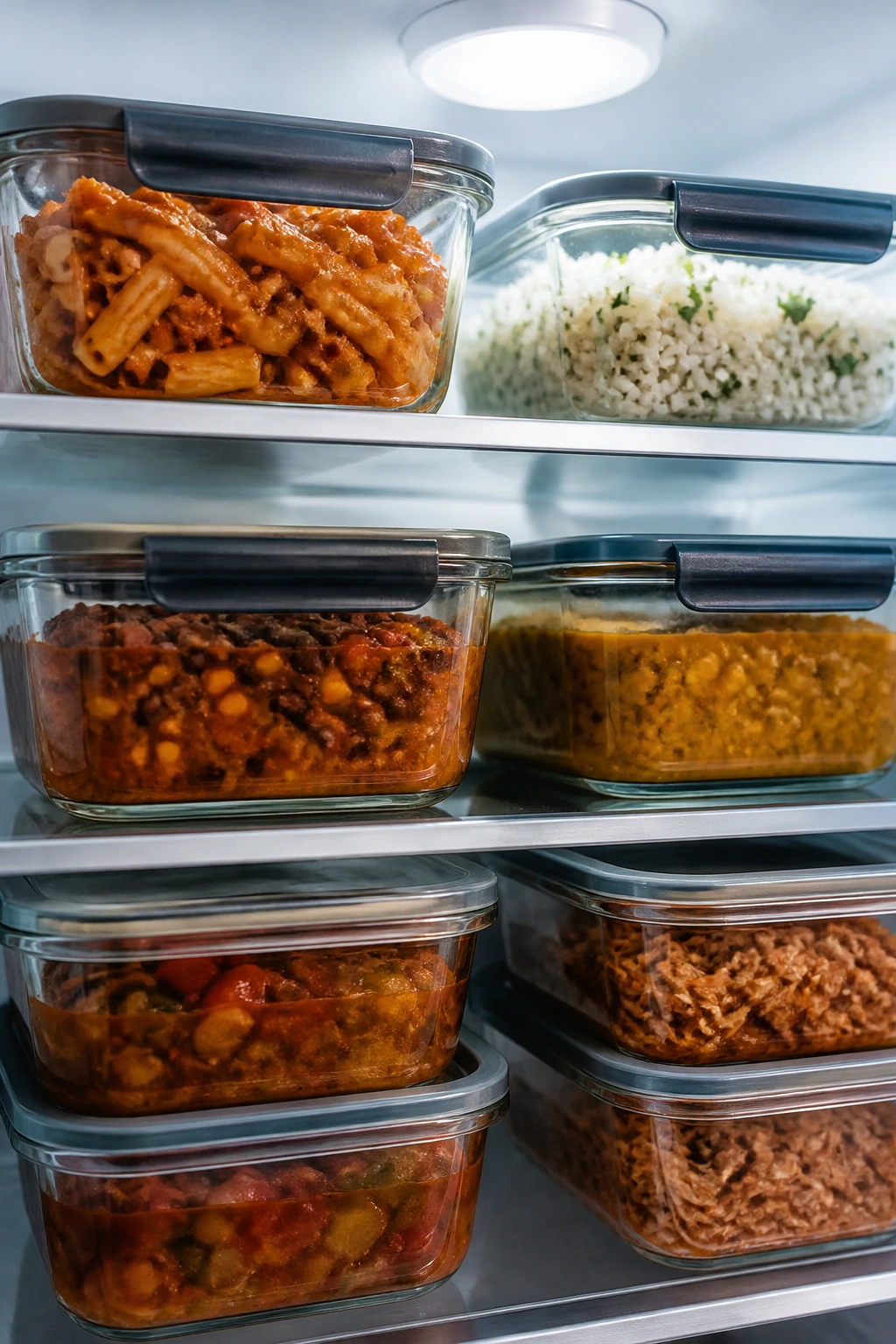 Glass storage containers of pantry meals in a fridge
