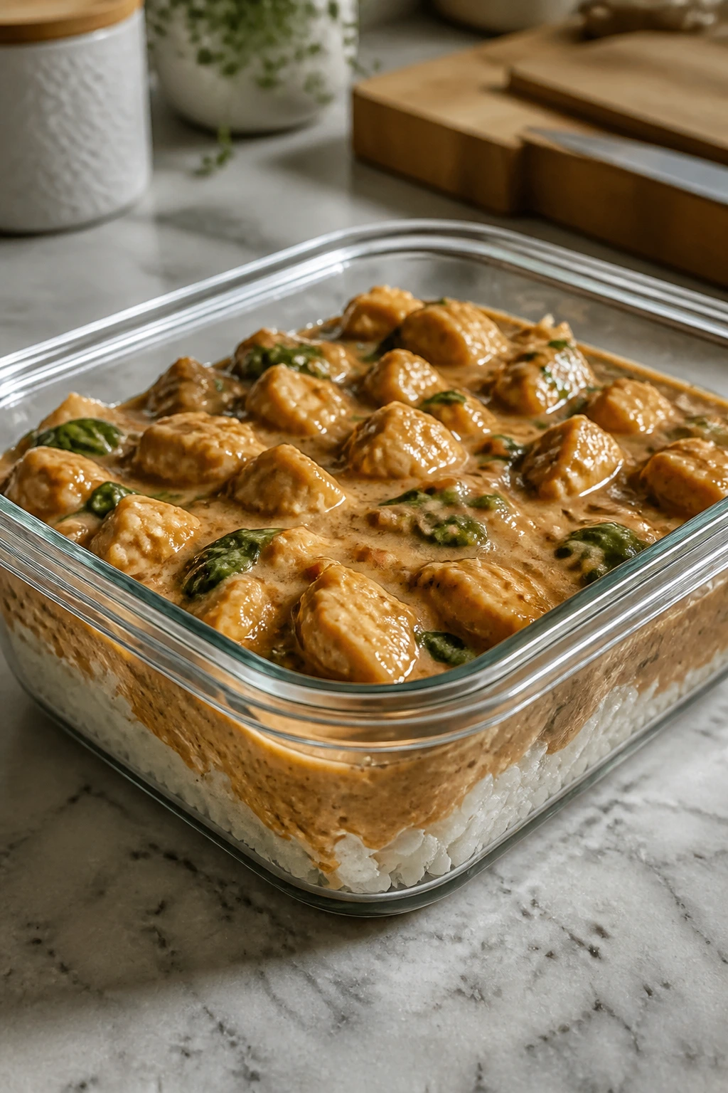 Glass airtight container with peanut chicken and rice on a kitchen counter