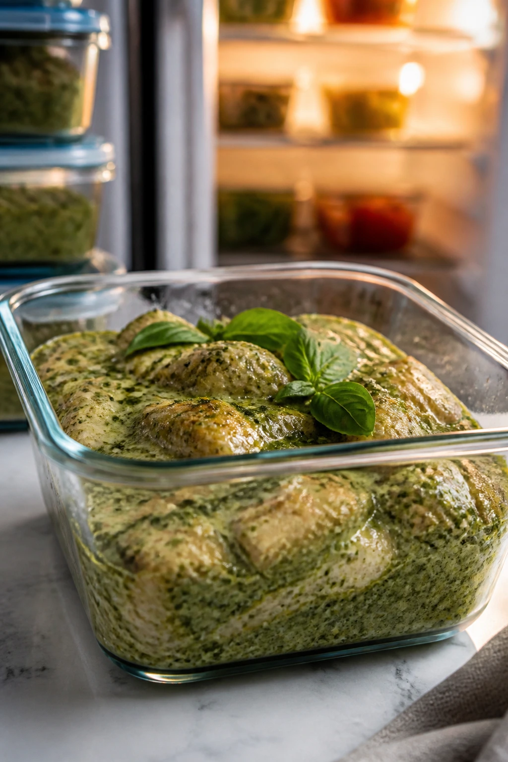 Creamy basil pesto chicken in a glass storage container for refrigeration.