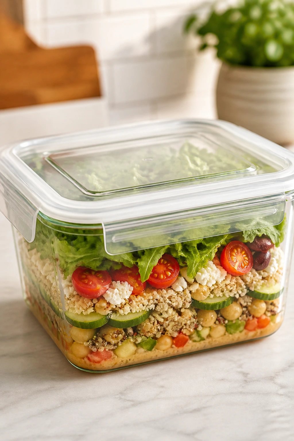 Airtight container with layered salad on kitchen counter