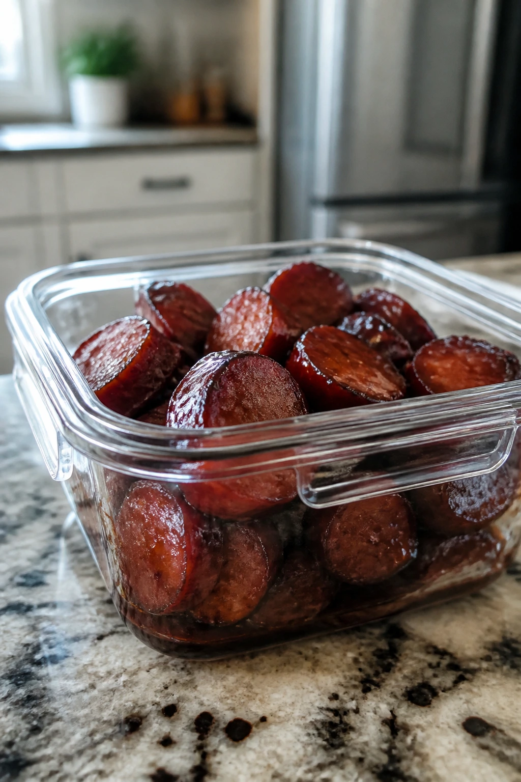 Glazed sausage stored in airtight container in kitchen