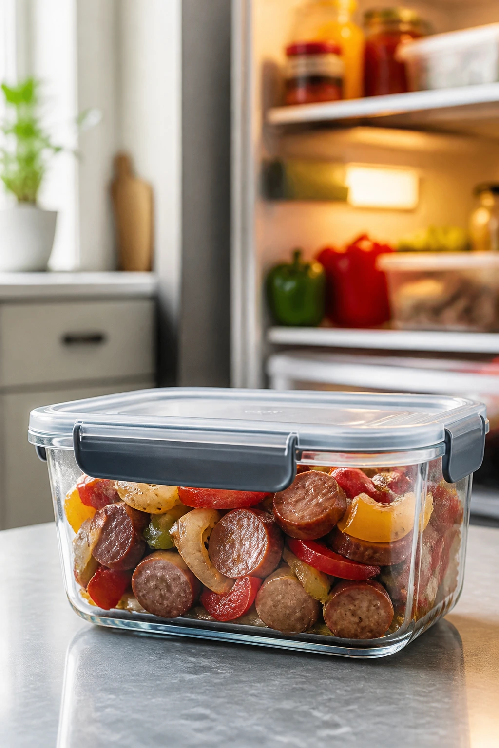 Dish in airtight container ready for storage on kitchen counter.