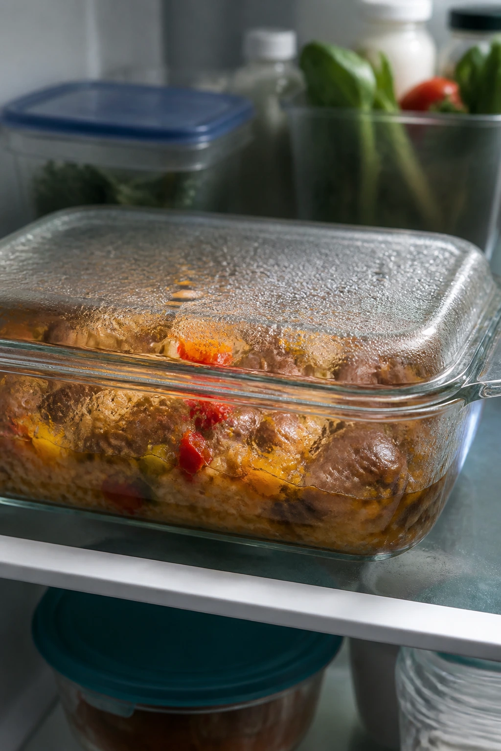 Glass casserole in fridge with sausage meal inside