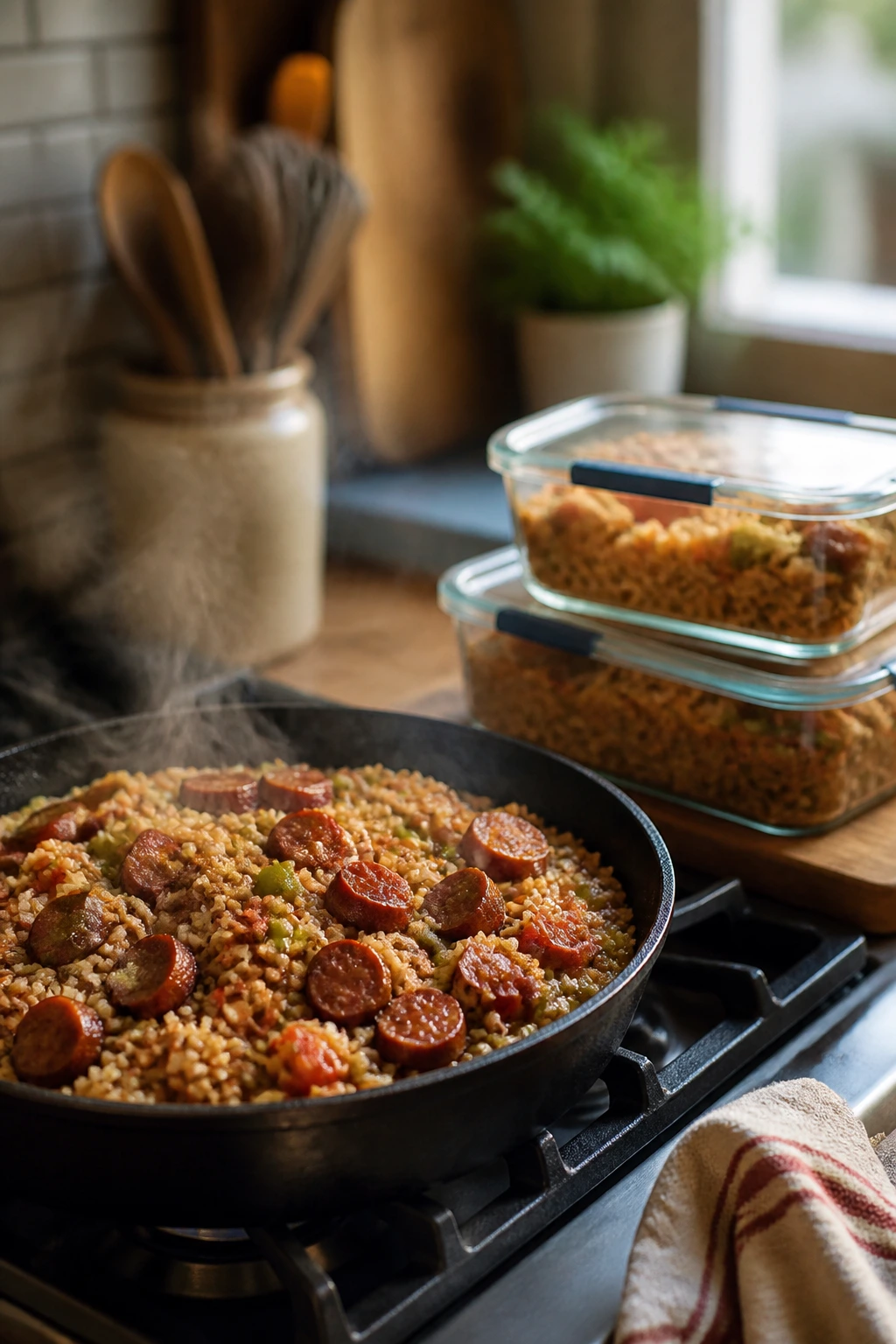 Steaming skillet of smoked sausage and rice with a storage container nearby