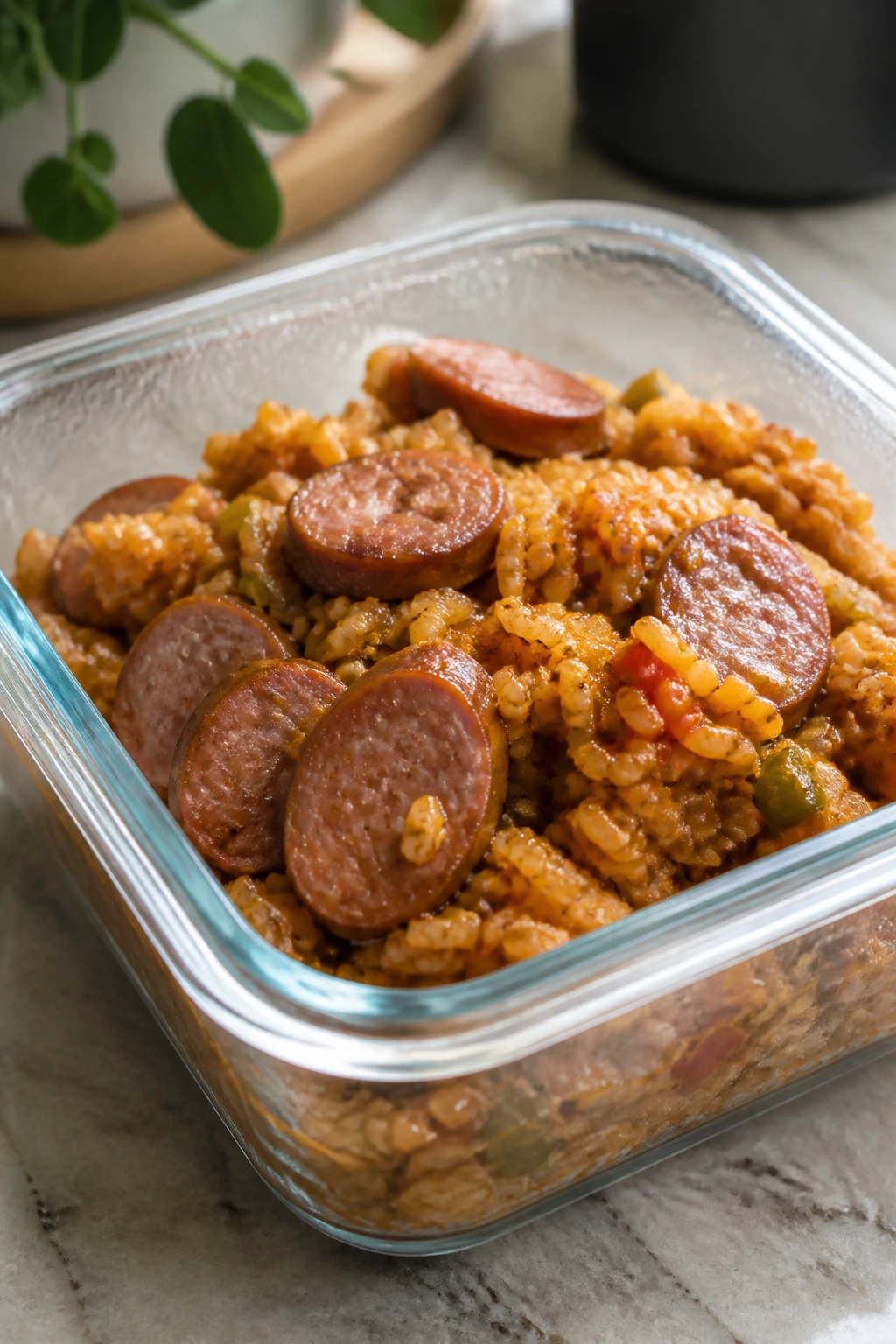 Glass storage container with reheated sausage and rice
