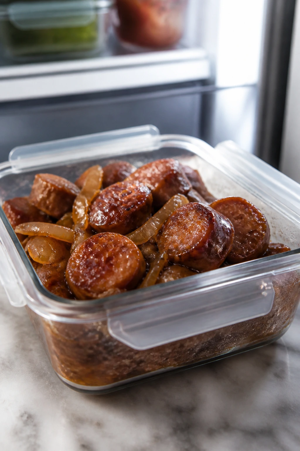 Sausage and onions in a glass airtight container for storage and reheating