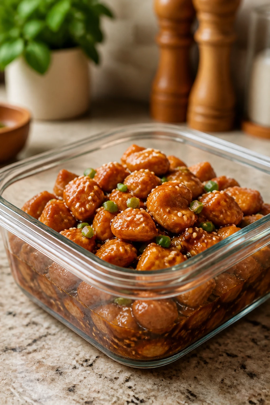Airtight container with sesame chicken and glossy sauce