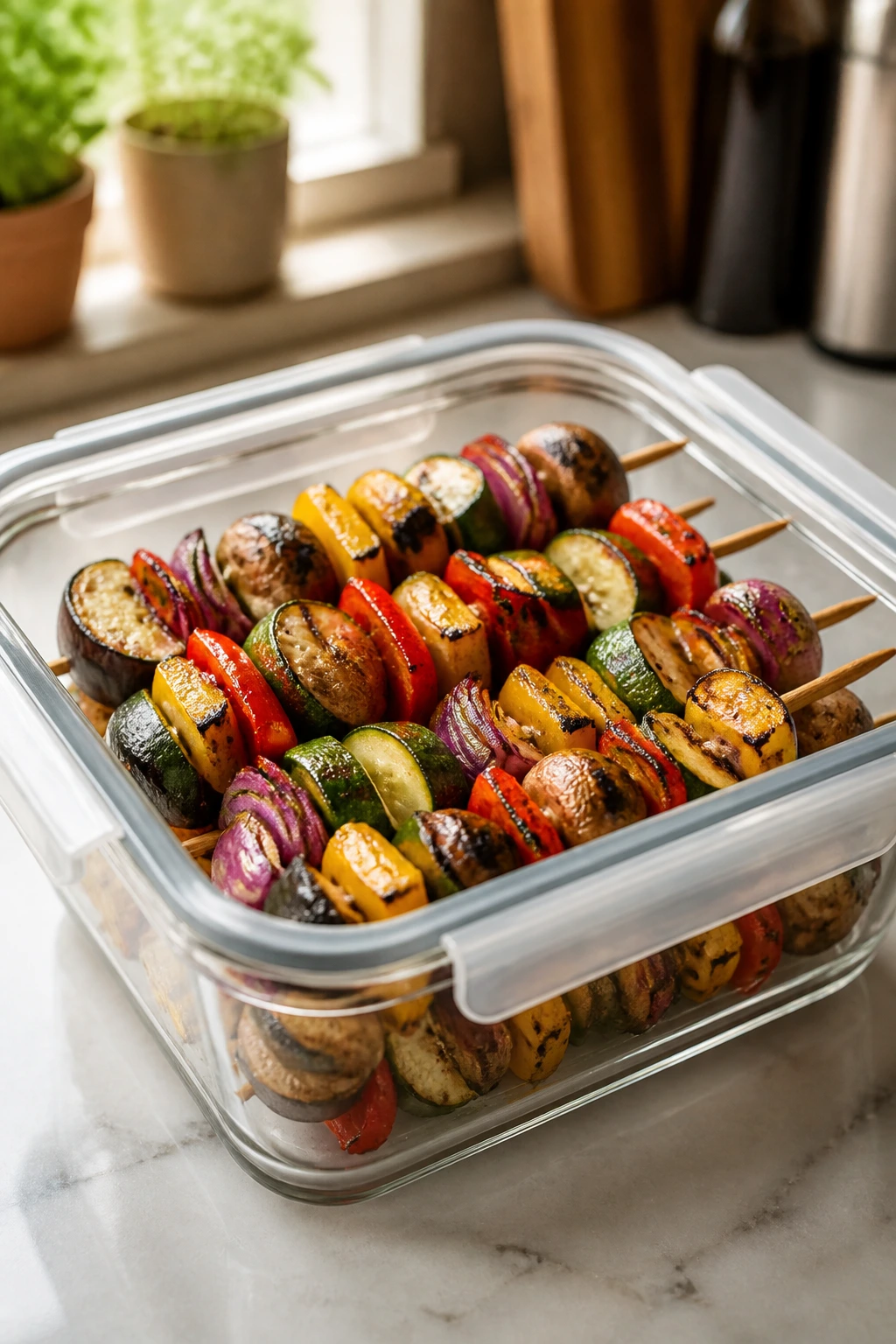 Glass container with grilled vegetable skewers for storage guidance