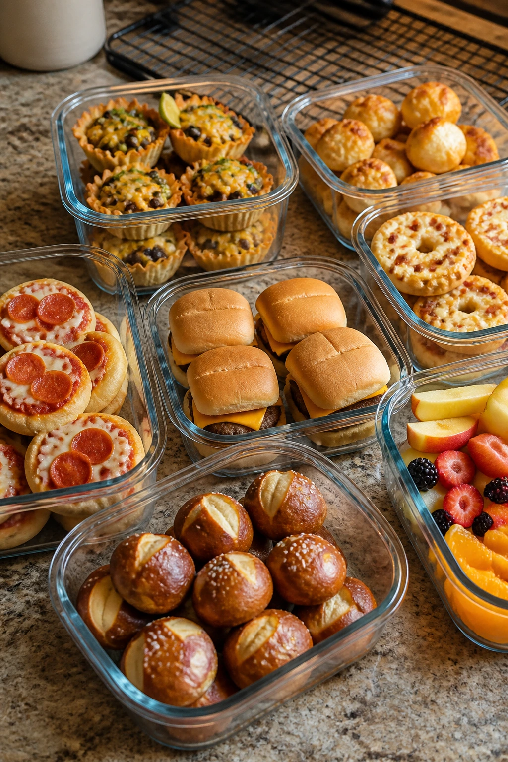 Glass storage containers with make-ahead movie-night snacks.