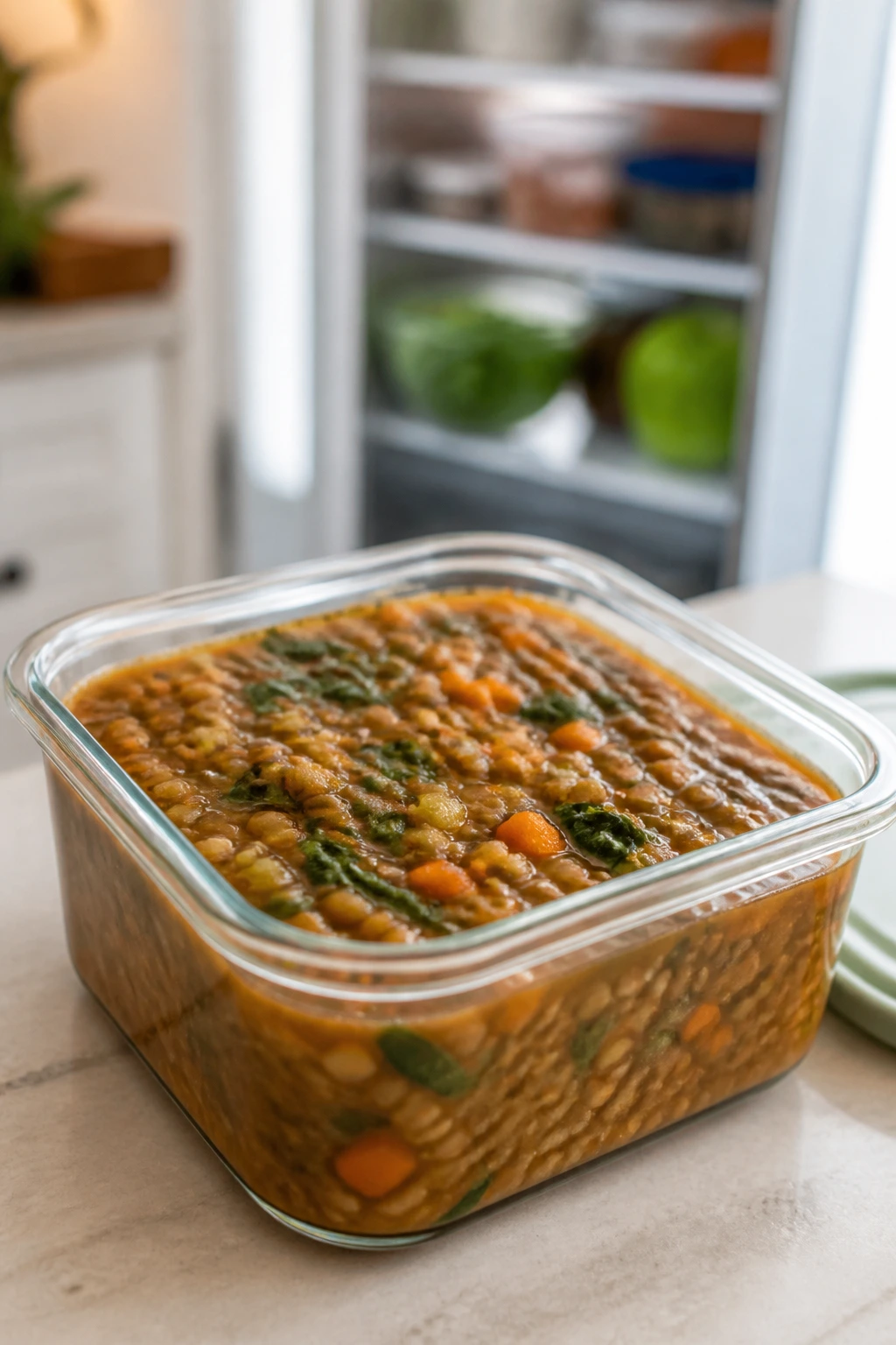Glass storage container of lentil soup on a kitchen counter with fridge in the background