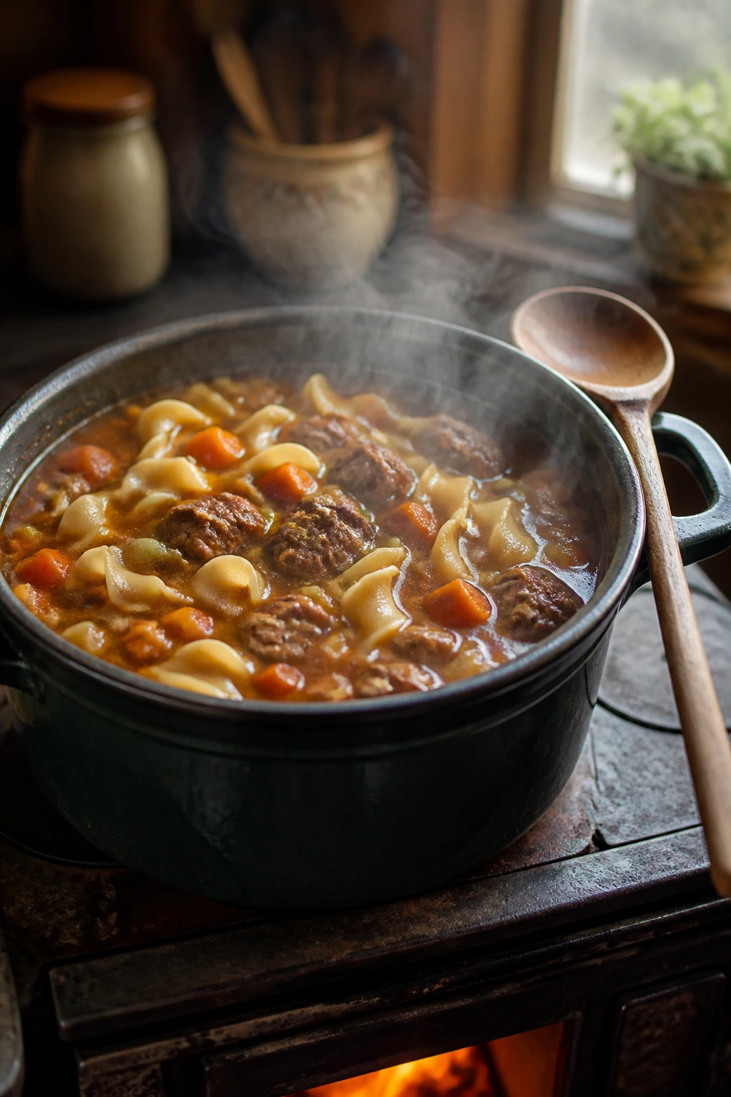 Pot of beef noodle soup steaming on stove in a cozy kitchen