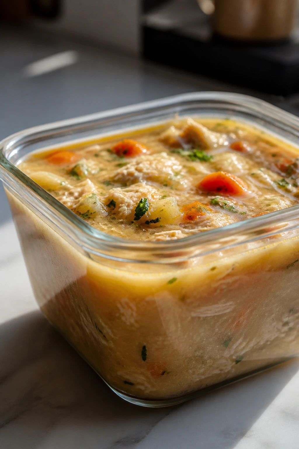 Glass soup storage container showing thick texture