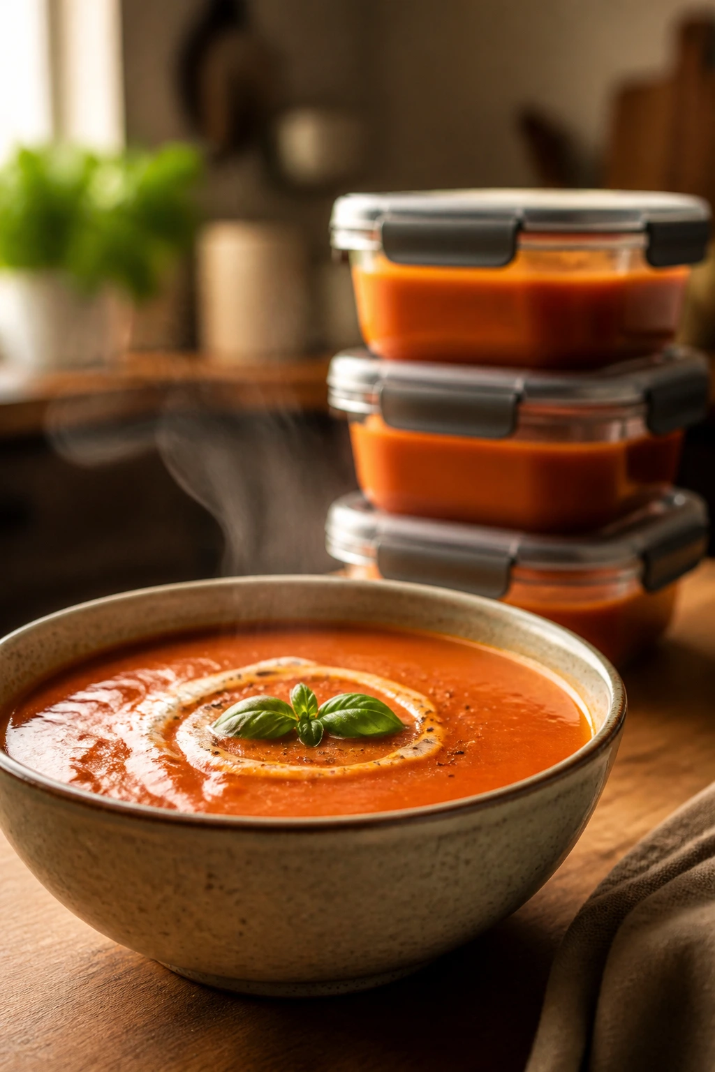 Steaming tomato soup with storage containers in background