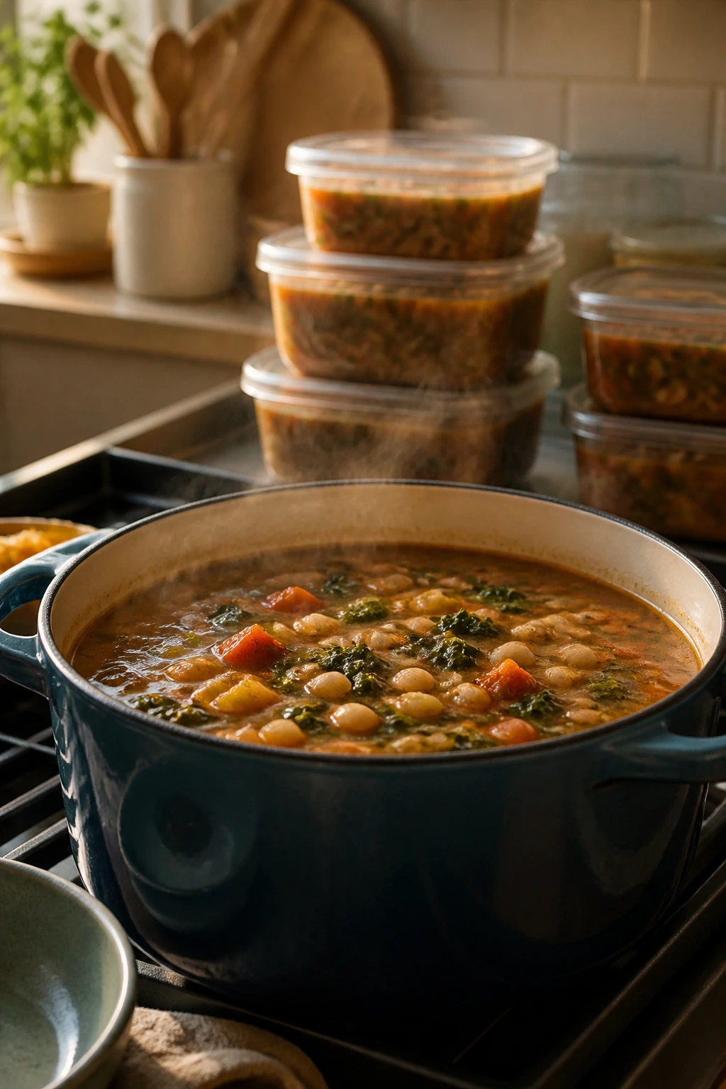 Steaming pot of soup on the stove with glass storage containers in the background