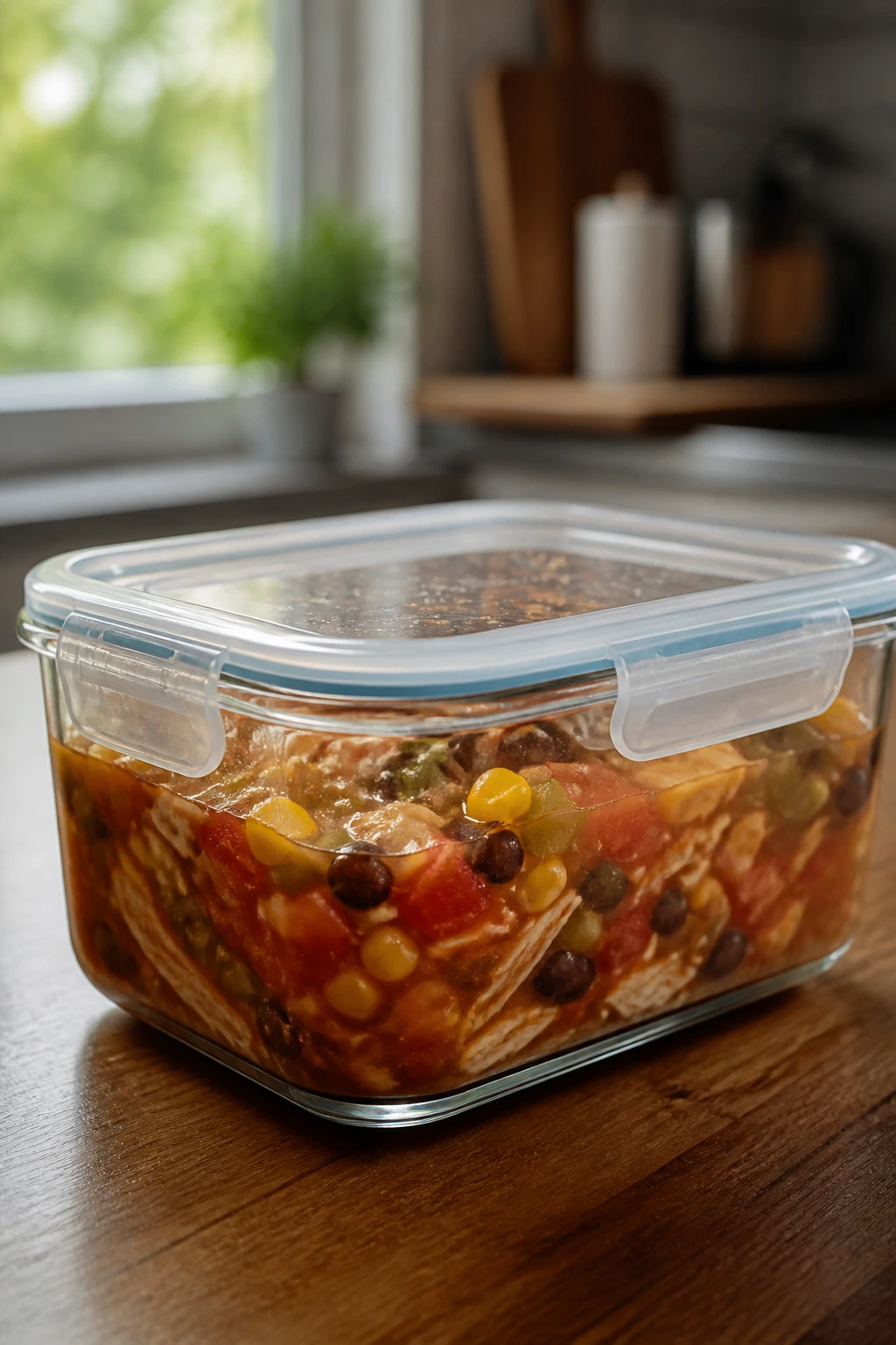 Glass storage container with soup ready to reheat