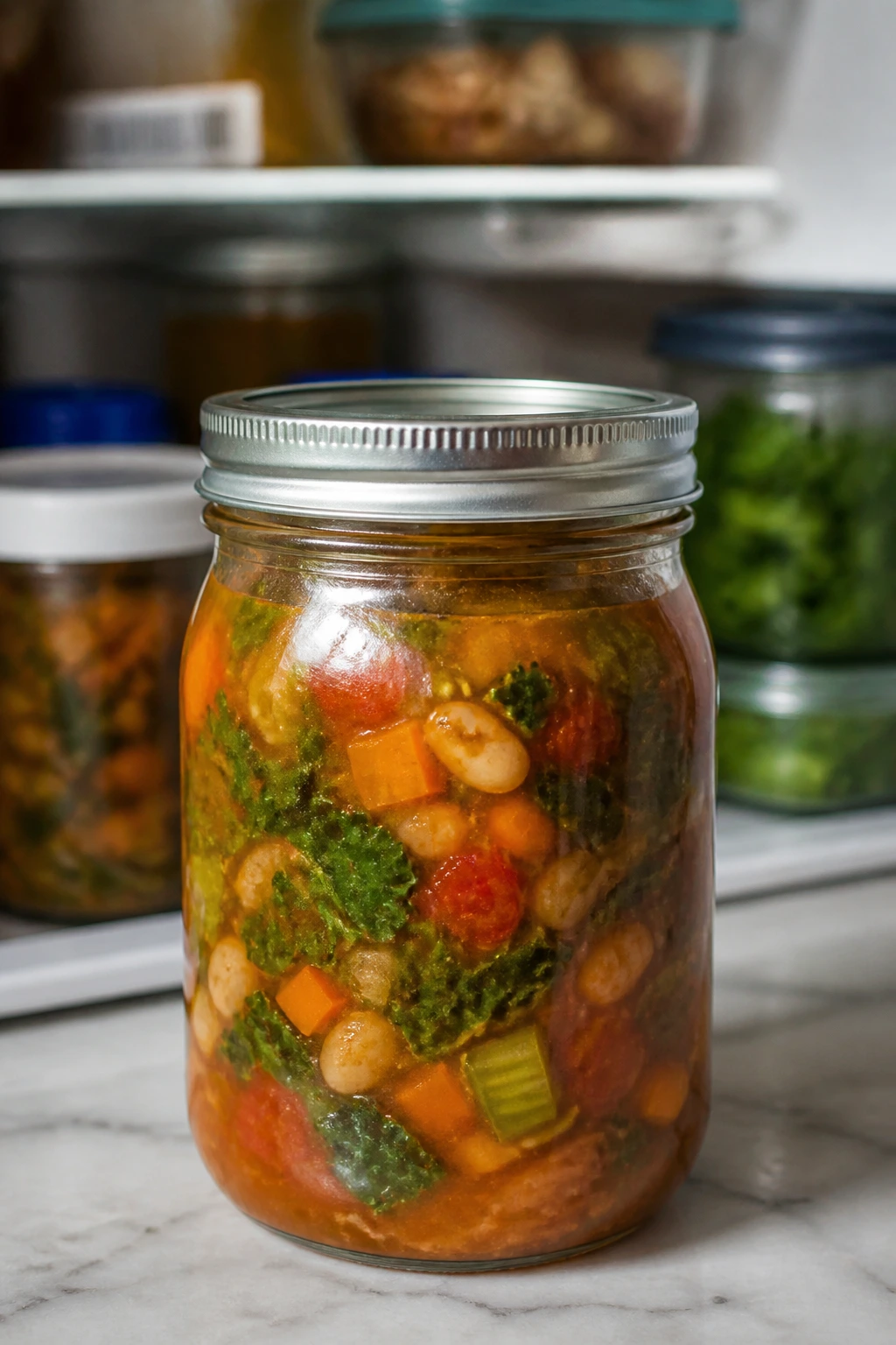 Glass jar of colorful soup on kitchen counter for storage and reheating