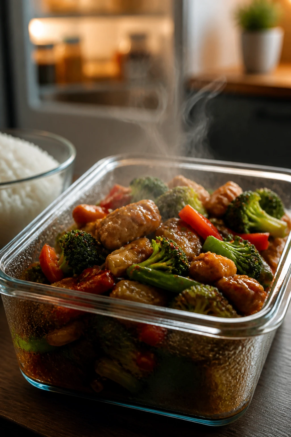 Glass container with reheated stir-fry and separate rice in a kitchen