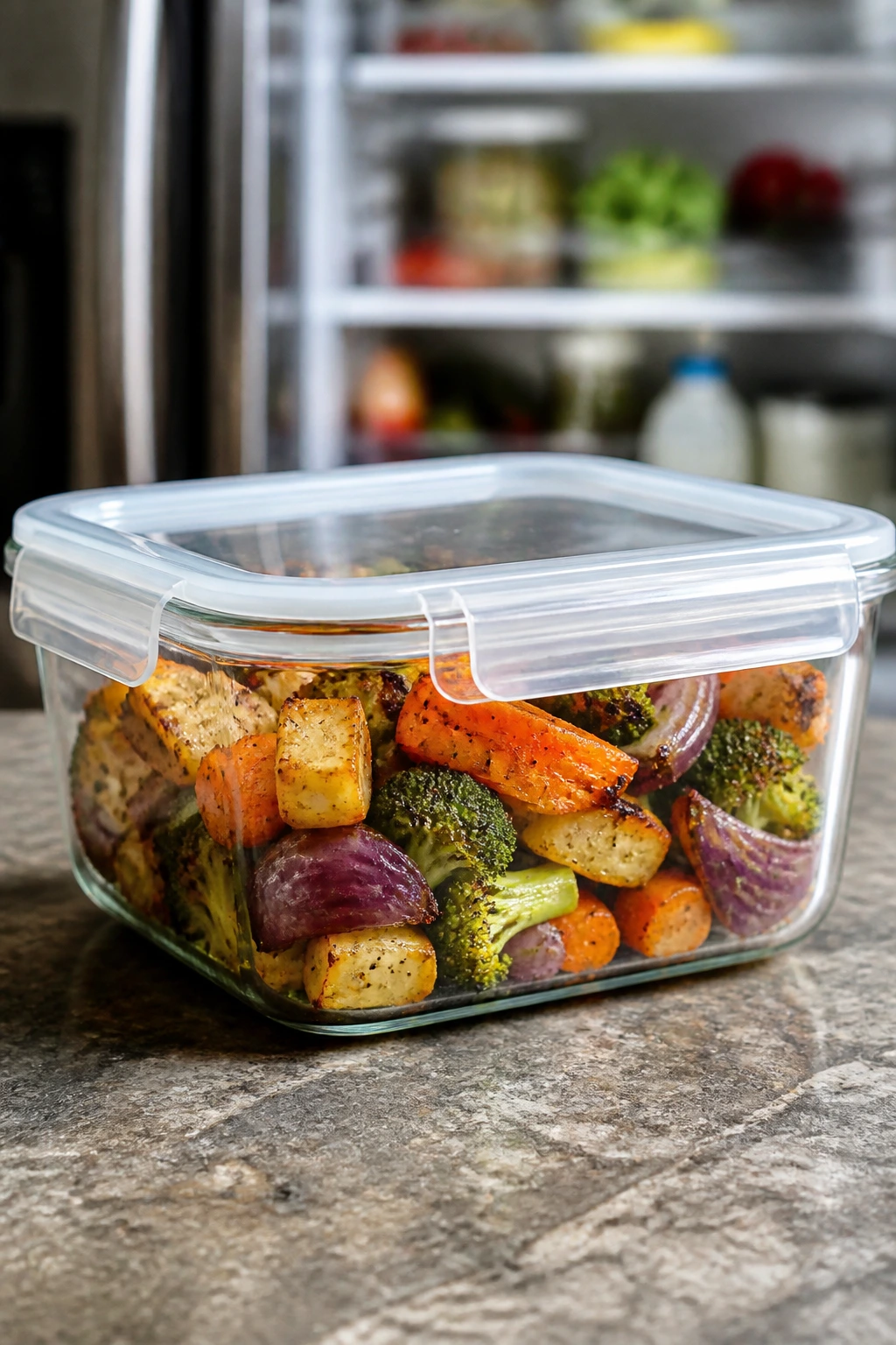 Glass storage container of roasted vegetables on a kitchen counter